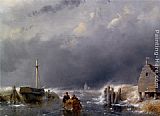 Waterway Canvas Paintings - Figures with a sledge on a frozen waterway